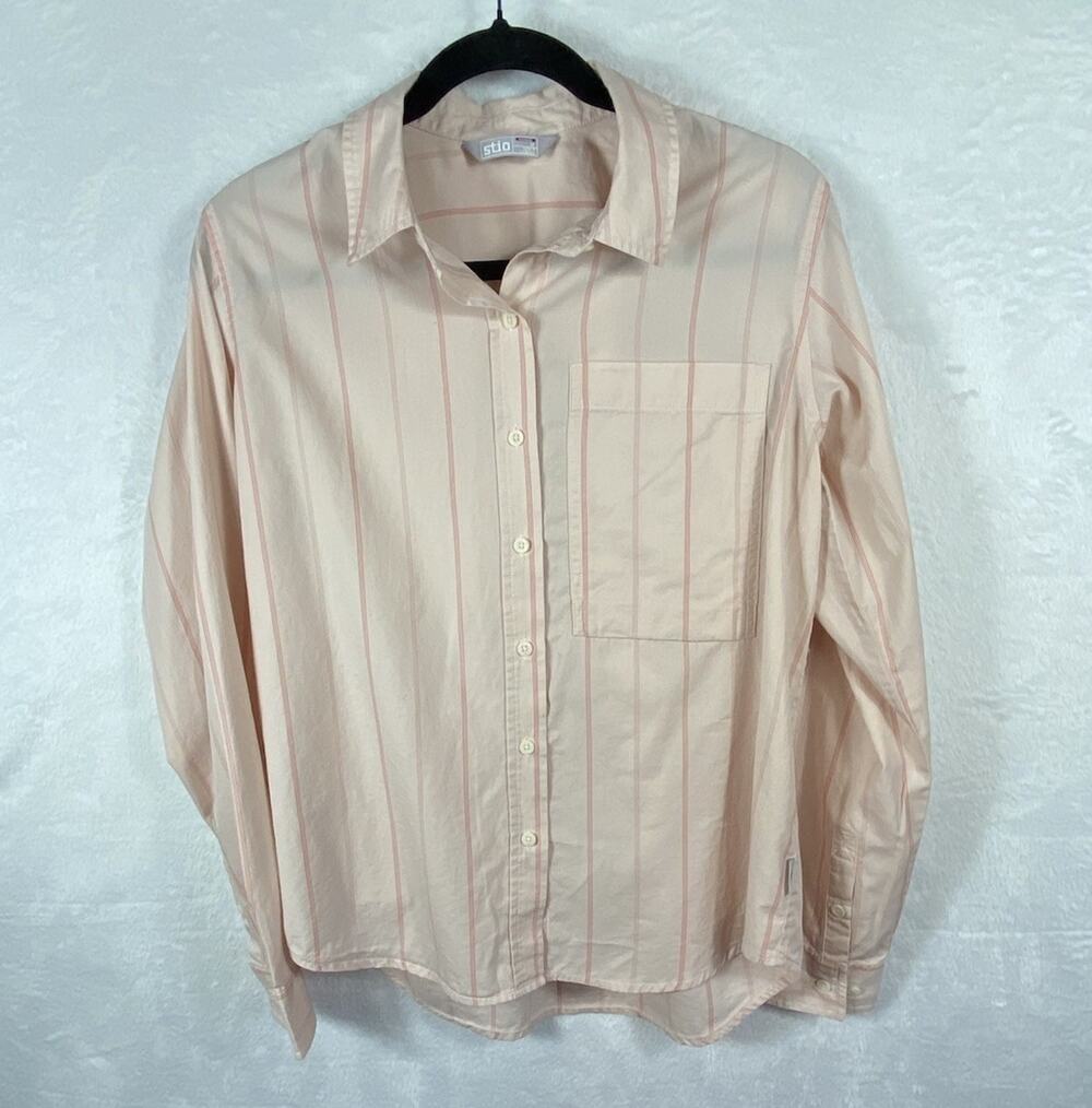 Stio Button Up Shirt Women’s M 100% Cotton Striped Preppy Minimalist Casual